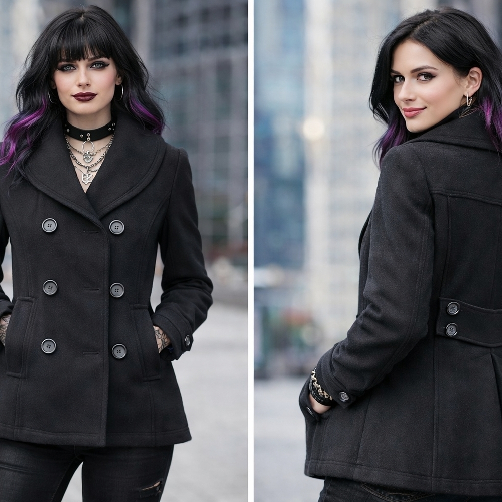 Guess Women's Charcoal Black Double-Breasted Peacoat